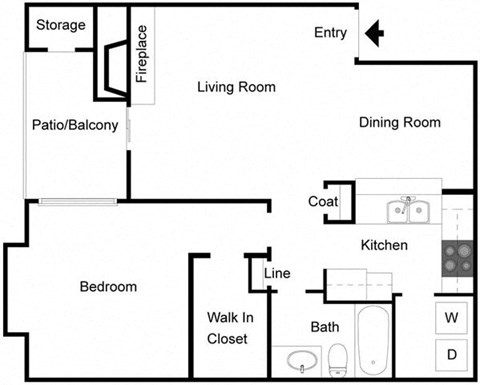 Floor plan for 1 bed, 1 bath, 716 sqft