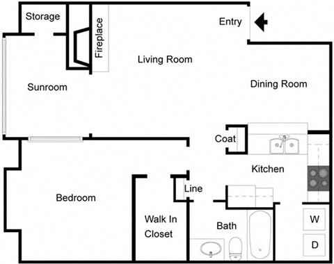 Floor plan for 1 bed, 1 bath, 845 sqft