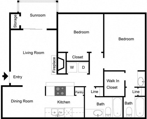 Floor plan for 2 beds, 2 baths, 1009 sqft