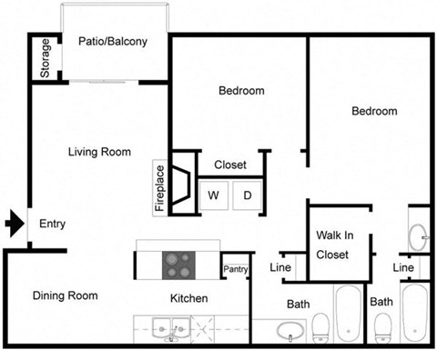 Floor plan for 2 beds, 2 baths, 929 sqft