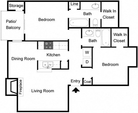 Floor plan for 2 beds, 2 baths, 988 sqft