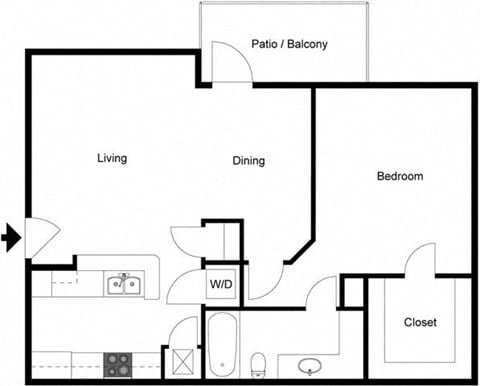 Floor plan for 1 bed, 1 bath, 725 sqft