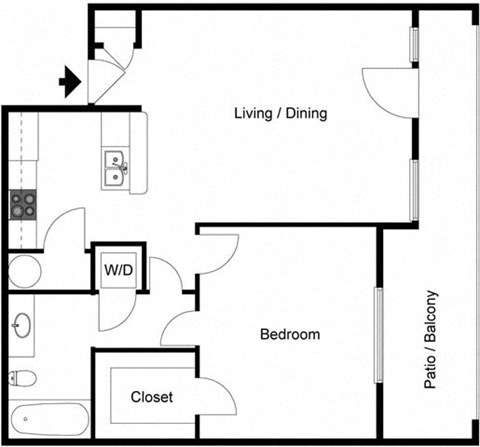 Floor plan for 1 bed, 1 bath, 667 sqft