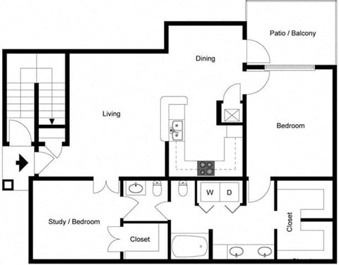 Floor plan for 2 beds, 1.5 baths, 1062 sqft