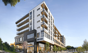 New Westminster apartment for rent - A modern multi-story building with balconies and large windows.