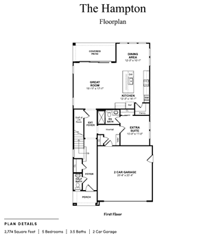 Chandler house for rent - A floor plan for a home called The Hampton, showing a first floor with 5 bedrooms, 3.5 baths, and a 2 car garage.