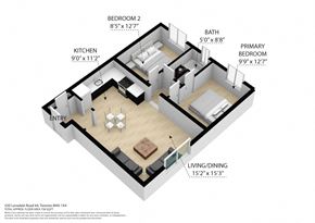 Toronto apartment for rent - A diagram of a small apartment layout with a living room, kitchen, and two bedrooms.