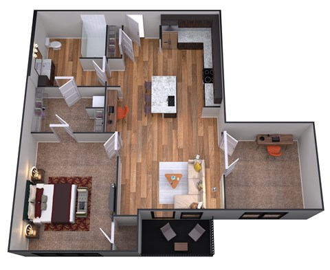 Floor plan for 1 bed, 1 bath, 924 sqft