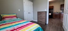 Kokomo apartment for rent - a bedroom with a bed and a closet and a kitchen
