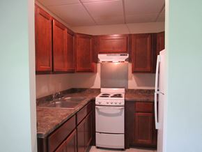 Evansville apartment for rent - a kitchen with wooden cabinets and white appliances