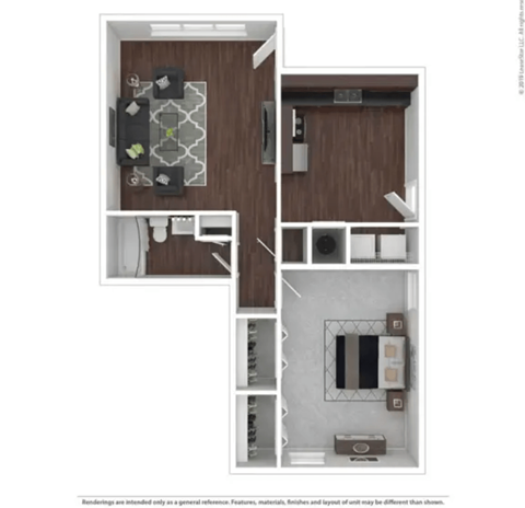 Floor plan for 1 bed, 1 bath, 832 sqft