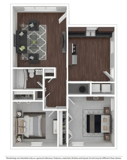 Floor plan for 2 beds, 1 bath, 894 sqft