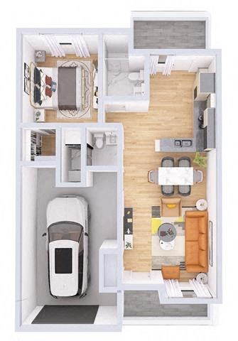 Floor plan for 1 bed, 1.5 baths, 887 sqft
