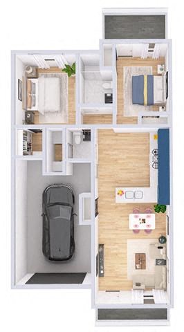 Floor plan for 2 beds, 1.5 baths, 1071 sqft