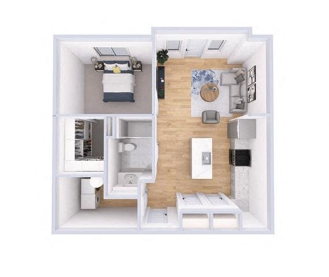Floor plan for 1 bed, 1 bath, 697 sqft