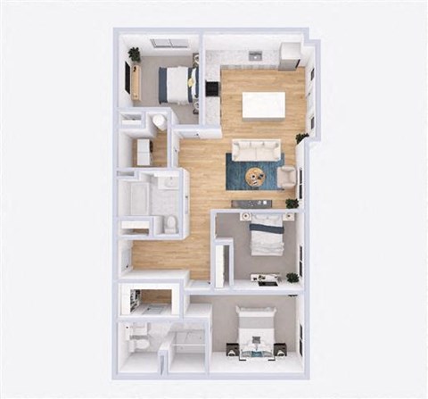 Floor plan for 3 beds, 2 baths, 1100 sqft
