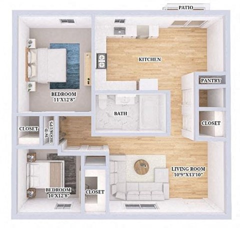 Floor plan for 2 beds, 1 bath, 840 sqft
