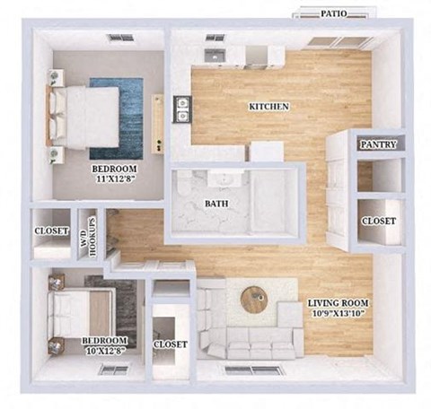 Floor plan for 2 beds, 1 bath, 840 sqft