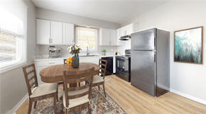 Franklin apartment for rent - A kitchen with a table and chairs and a fridge at Stonebrook of Franklin Apartments, Franklin, IN