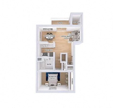 Floor plan for 1 bed, 1 bath, 725 sqft