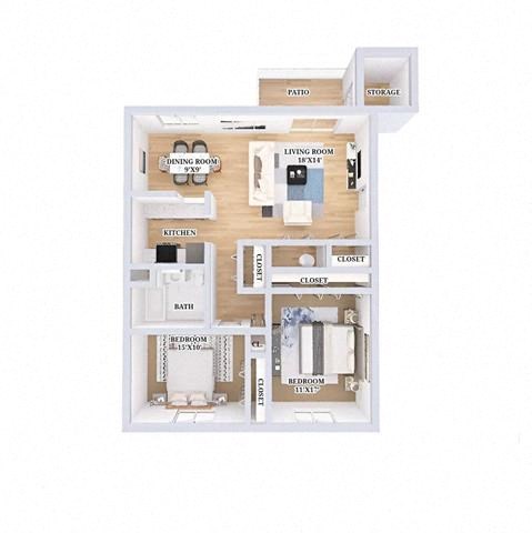 Floor plan for 2 beds, 1 bath, 945 sqft