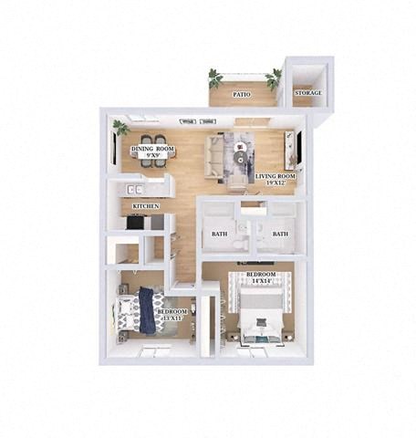 Floor plan for 2 beds, 2 baths, 945 sqft