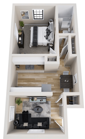 Floor plan for 1 bed, 1 bath, 775 sqft