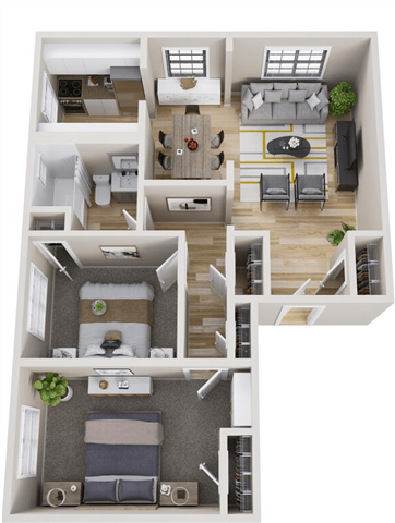 Floor plan for 2 beds, 1 bath, 1050 sqft