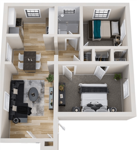 Floor plan for 2 beds, 1 bath, 895 sqft