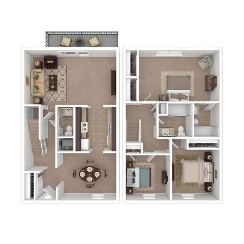 Floor plan for 3 beds, 2.5 baths, 1280 sqft