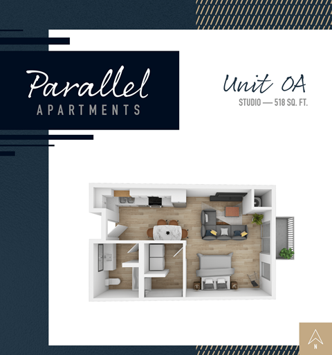 Floor plan for studio, 1 bath, 521 sqft