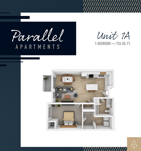 Floor plan for 1 bed, 1 bath, 723 sqft