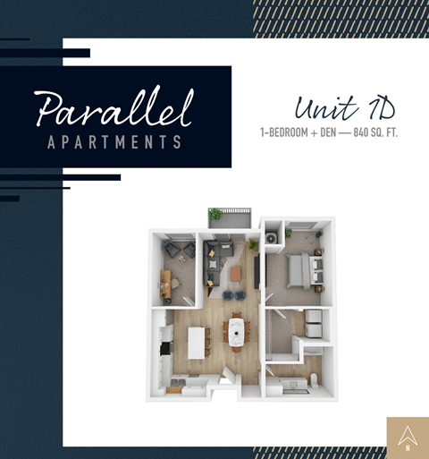 Floor plan for 1 bed, 1 bath, 840 sqft