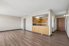 St. Paul apartment for rent - Irvine Park Towers apartment living area with open kitchen, breakfast bar and wood-look flooring