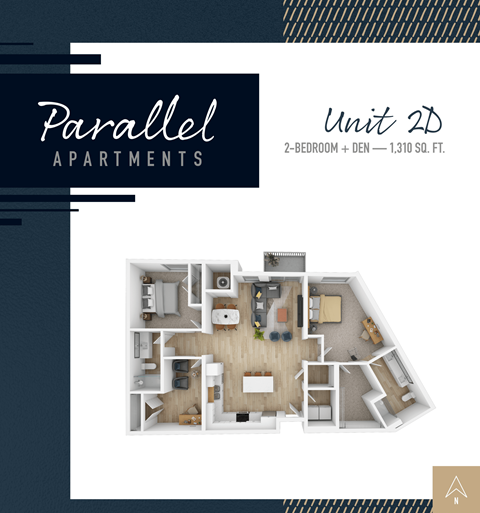 Floor plan for 2 beds, 2 baths, 1313 sqft