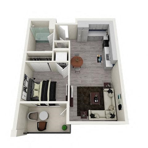 Floor plan for 1 bed, 1 bath, 577 sqft
