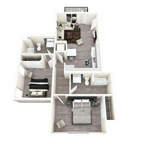 Floor plan for 2 beds, 2 baths, 939 sqft