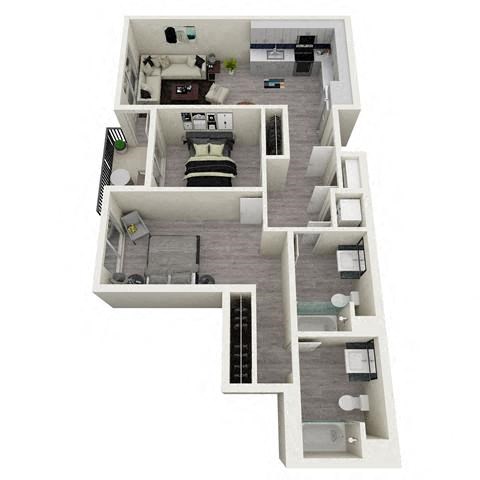 Floor plan for 2 beds, 2 baths, 1045 sqft