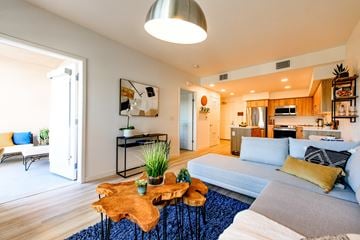La Mesa apartment for rent - A modern living room with a blue rug and a wooden coffee table.
