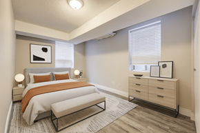 Hamilton apartment for rent - A bedroom with a bed, nightstand, and dresser.