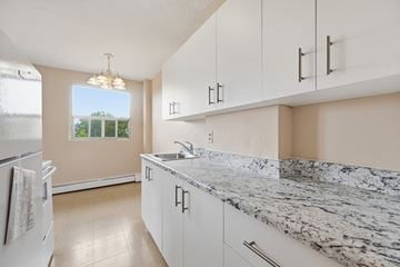 Hamilton apartment for rent - A kitchen with white cabinets and a marble countertop.