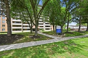 Hamilton apartment for rent - A tree-lined walkway leads to a building.