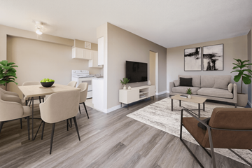 Hamilton apartment for rent - A modern living room with a dining table and chairs.