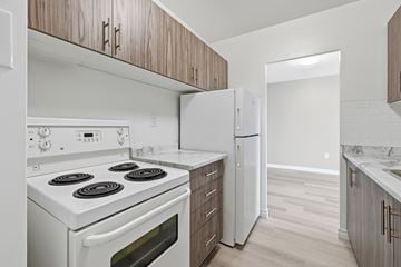 Hamilton apartment for rent - A white stove and oven in a kitchen with wooden cabinets.