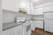 Hamilton apartment for rent - A white kitchen with a stove, sink, and refrigerator.
