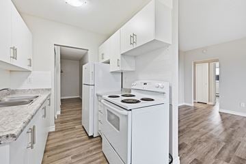 Hamilton apartment for rent - A white kitchen with a stove top oven and a sink.