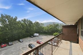 Hamilton apartment for rent - A parking lot with cars and a mountain in the background.