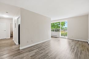 Welland apartment for rent - A spacious room with wooden flooring and a view of trees through the window.