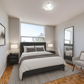 Hamilton apartment for rent - A bedroom with a large bed, a chair, and a mirror.