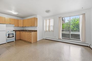 Hamilton apartment for rent - A kitchen with wooden cabinets and a white oven.